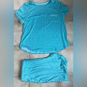 Cuddl Duds cotton blend short sleeve top / pants pajama set, striped; size L